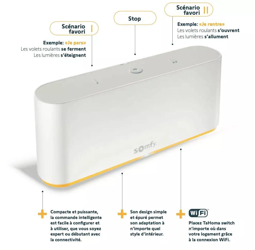 Commande intelligente TaHoma Switch de Somfy pour maison connectée Boîtier domotique TaHoma Switch de Somfy avec boutons personnalisables pour lancer des scénarios automatisés comme l’ouverture des volets et l’allumage des lumières.
