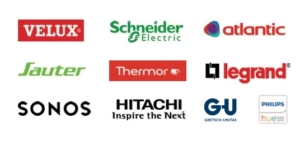 Logos des marques compatibles avec l’écosystème Somfy : VELUX, Schneider Electric, Atlantic, Sauter, Thermor, Legrand, SONOS, Hitachi, G-U, Philips Hue.