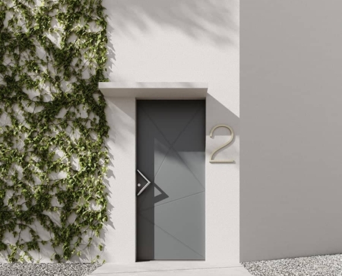 Porte d'entrée Finstral sur façade blanche