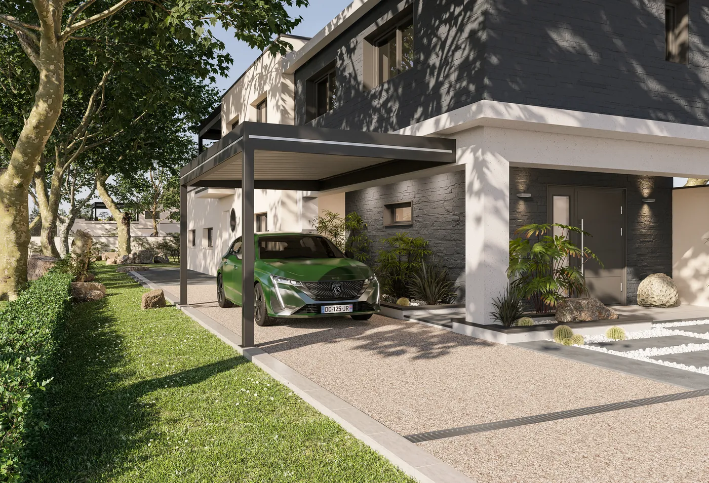 Carport aluminium adossé à une façade contemporaine, voiture verte garée sur une allée gravillonnée
