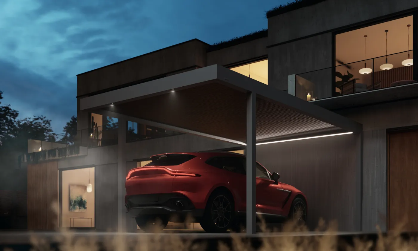 Carport Brustor B910 éclairé le soir par des spots et une bande LED, visuel du fabricant