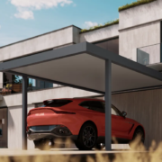 Carport en aluminium Brustor B910 à toit plat devant une maison contemporaine, visuel du fabricant
