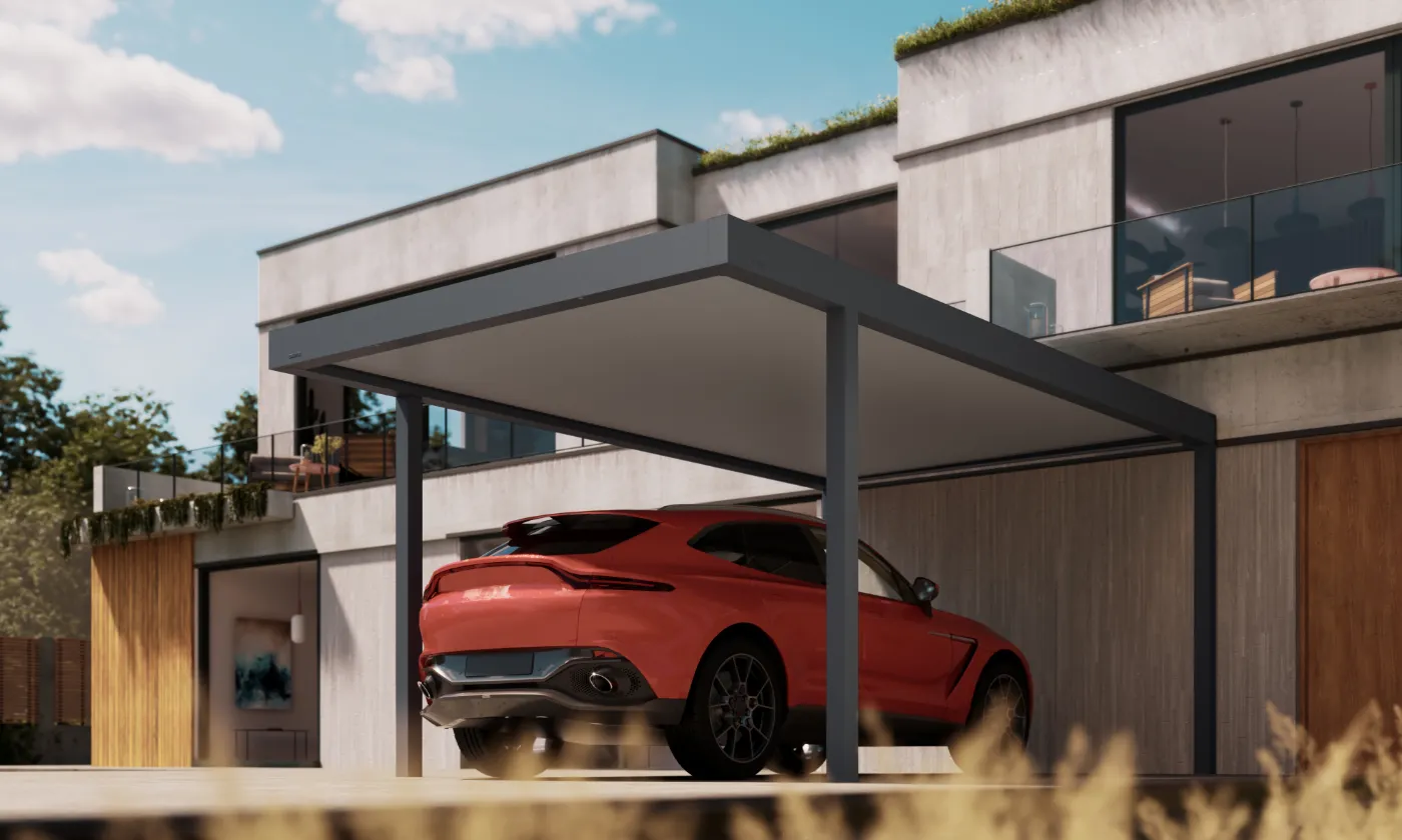 Carport en aluminium Brustor B910 à toit plat devant une maison contemporaine, visuel du fabricant