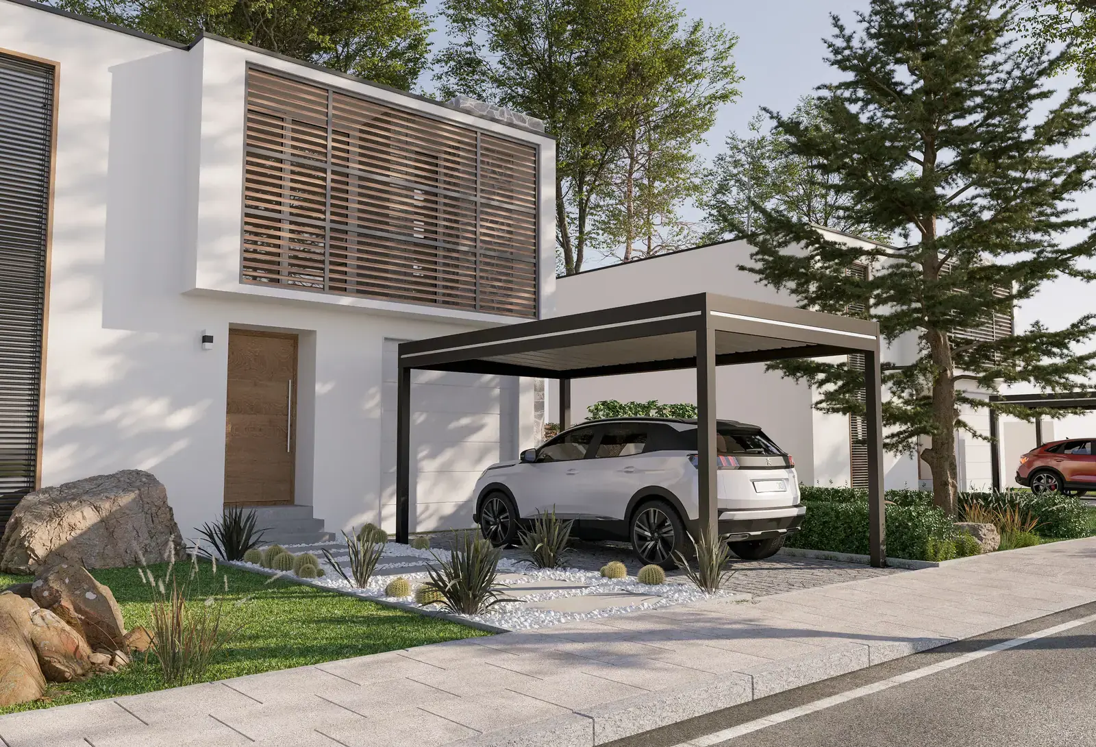 Carport aluminium indépendant à toit plat devant une maison contemporaine, une voiture garée dessous