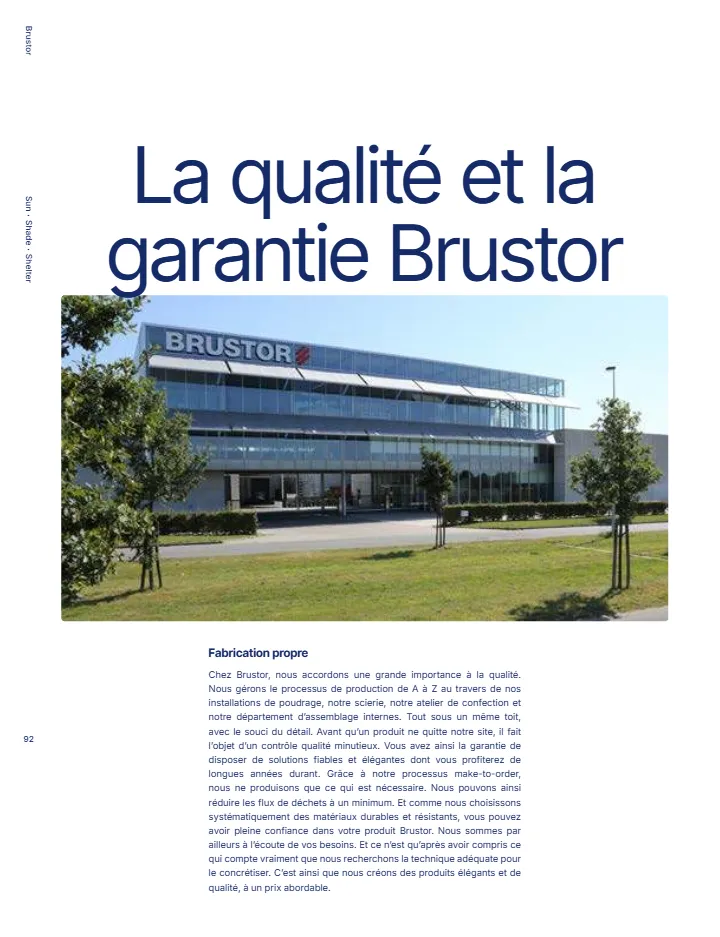 Usine Brustor, chapitre qualité et garantie du catalogue