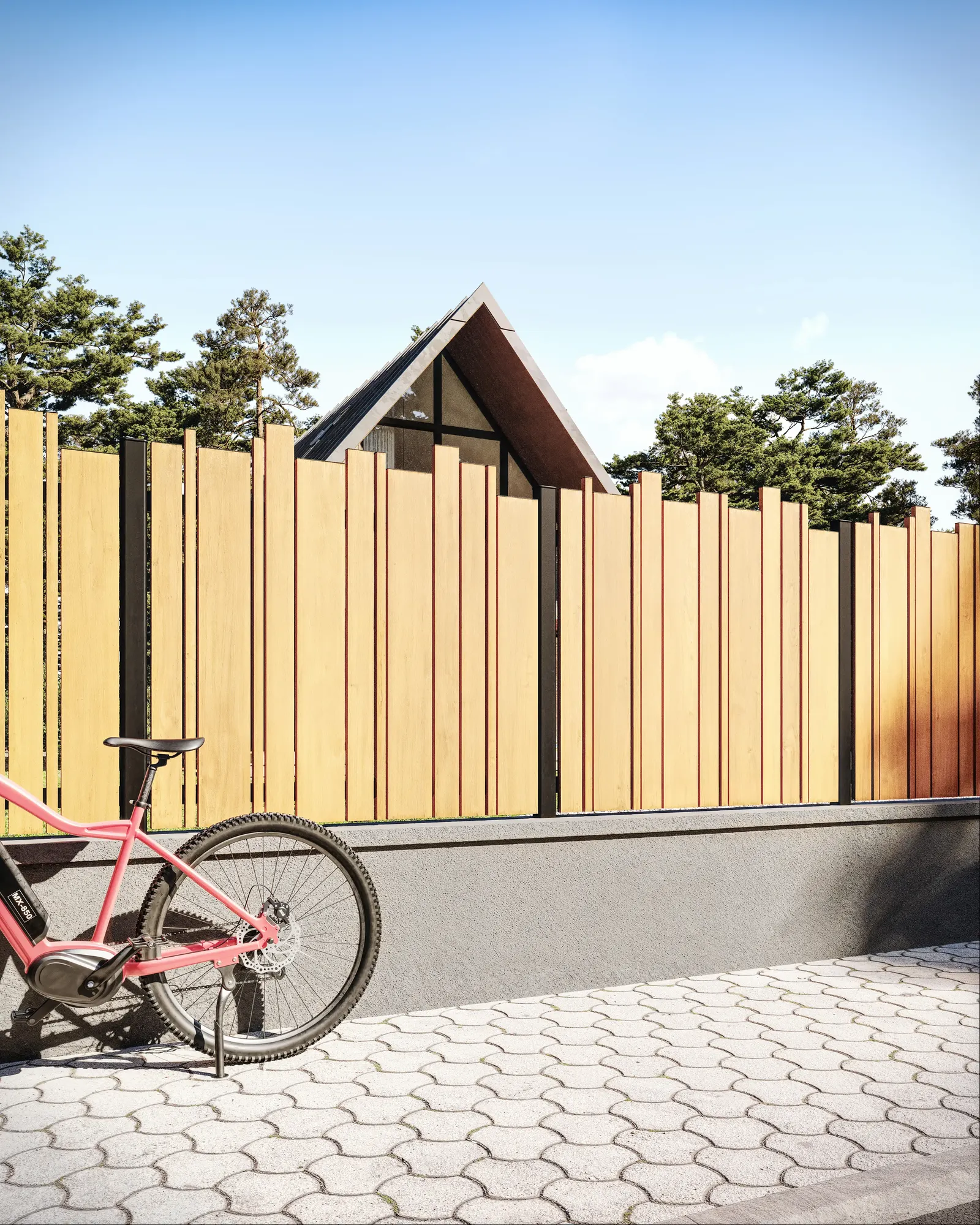 Clôture ajourée aluminium ton bois chêne sur muret