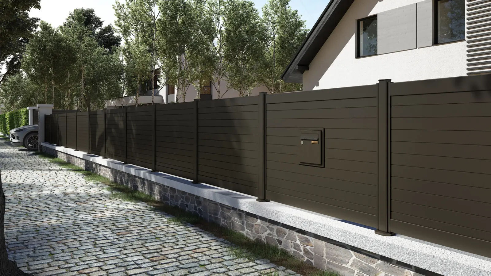 Clôture pleine aluminium brune avec boîte aux lettres intégrée