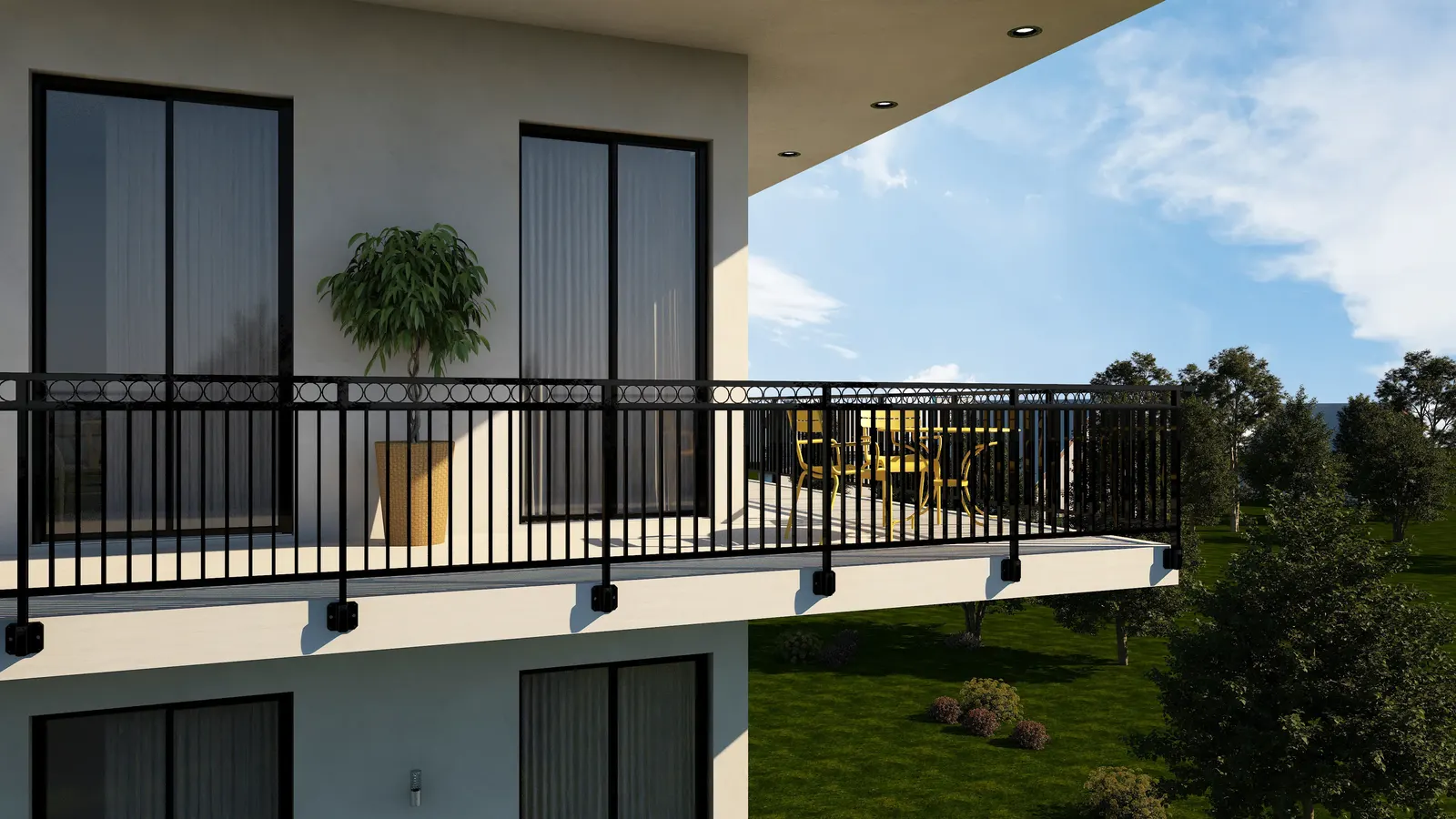 Garde-corps aluminium noir à barreaux et ronds sous main courante