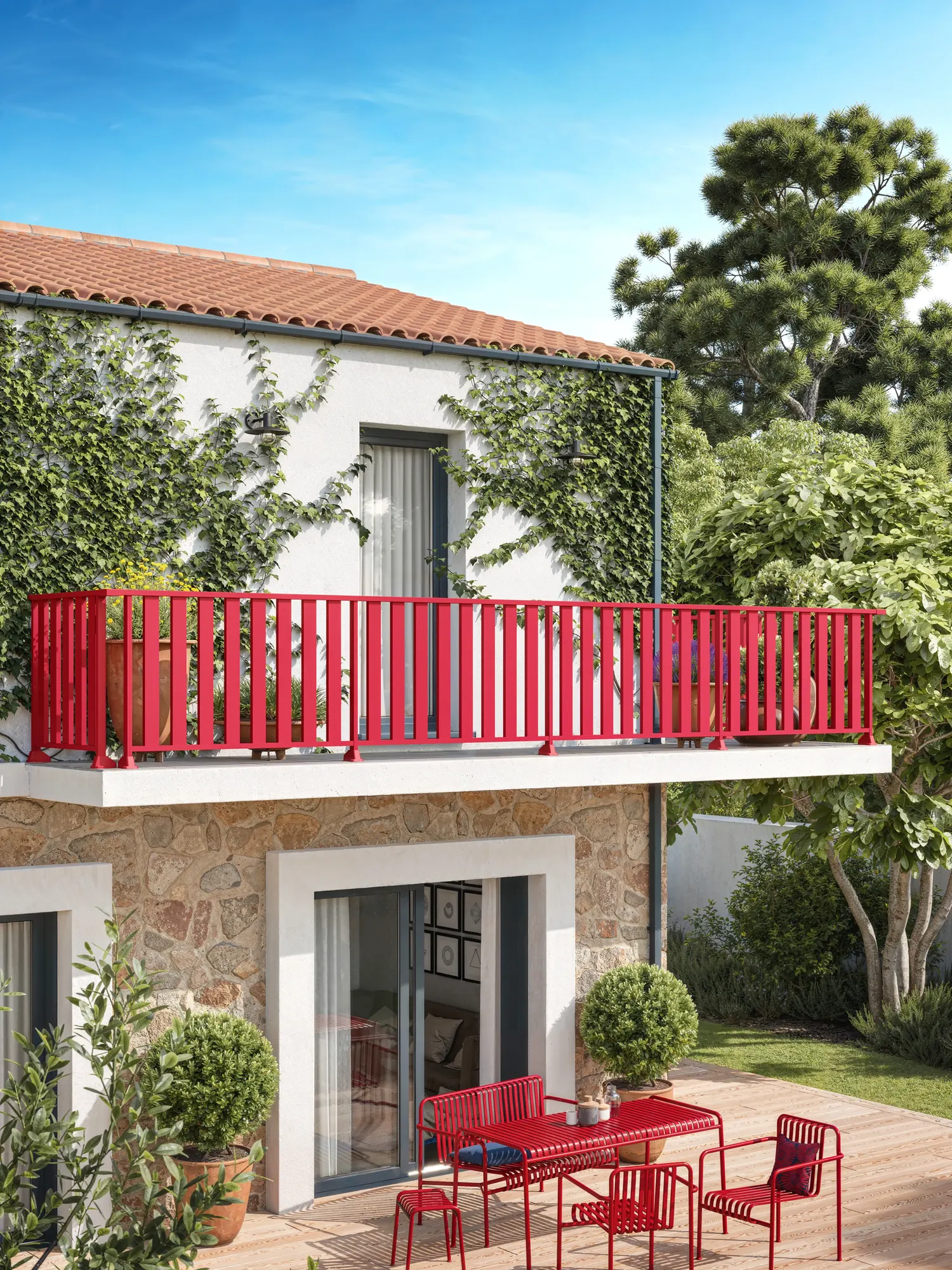 Garde-corps barreaudé aluminium rouge posé sur dalle