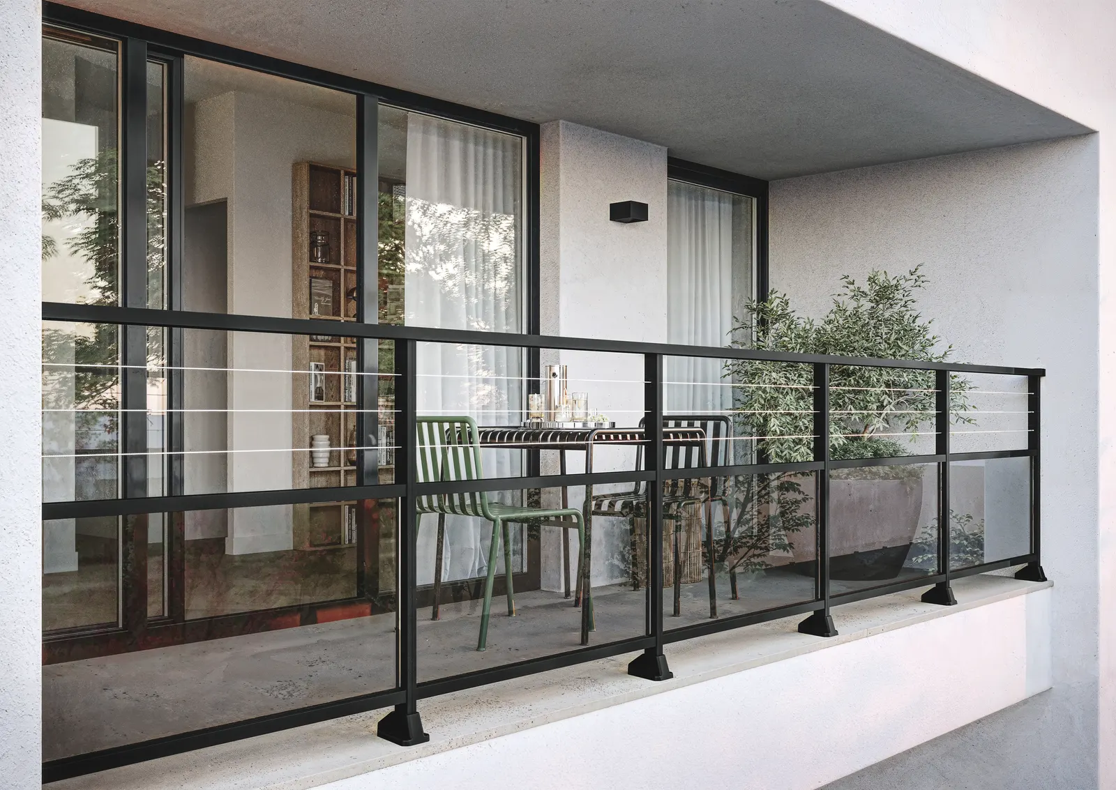 Garde-corps aluminium noir avec câbles inox et vitrage fumé