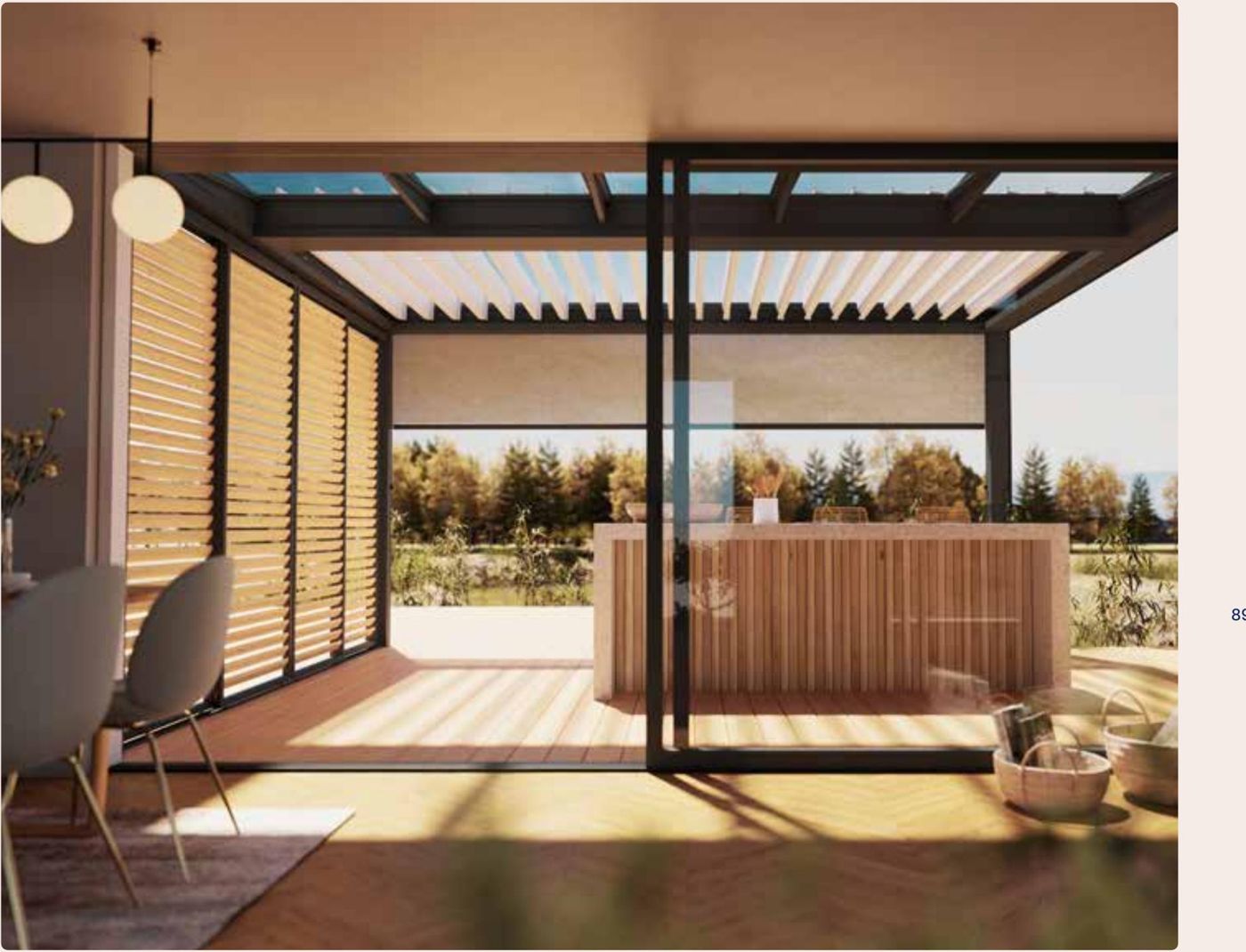 Pergola Brustor avec parois coulissantes en bois autour d'une cuisine d'été
