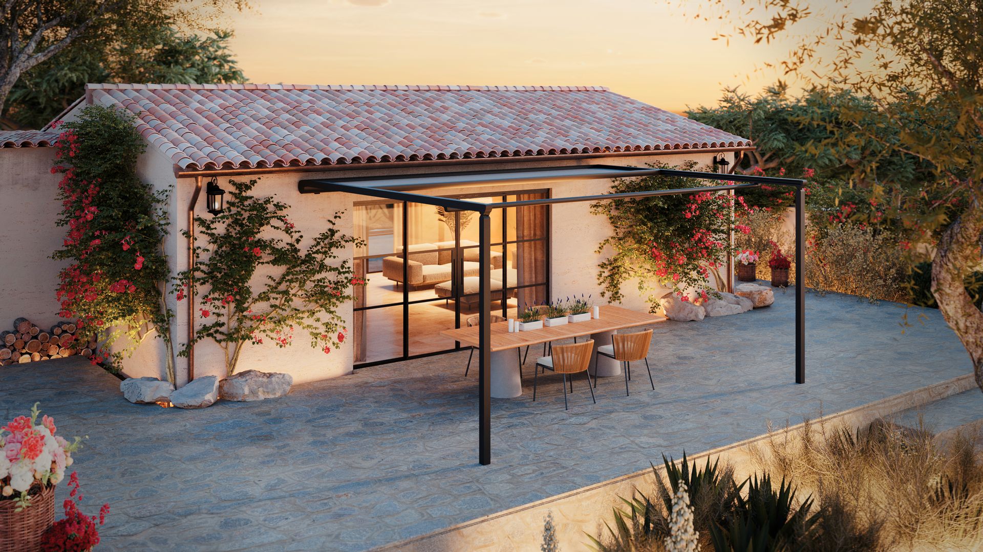 Pergola Brustor B128 Horizontal devant une maison en tuiles