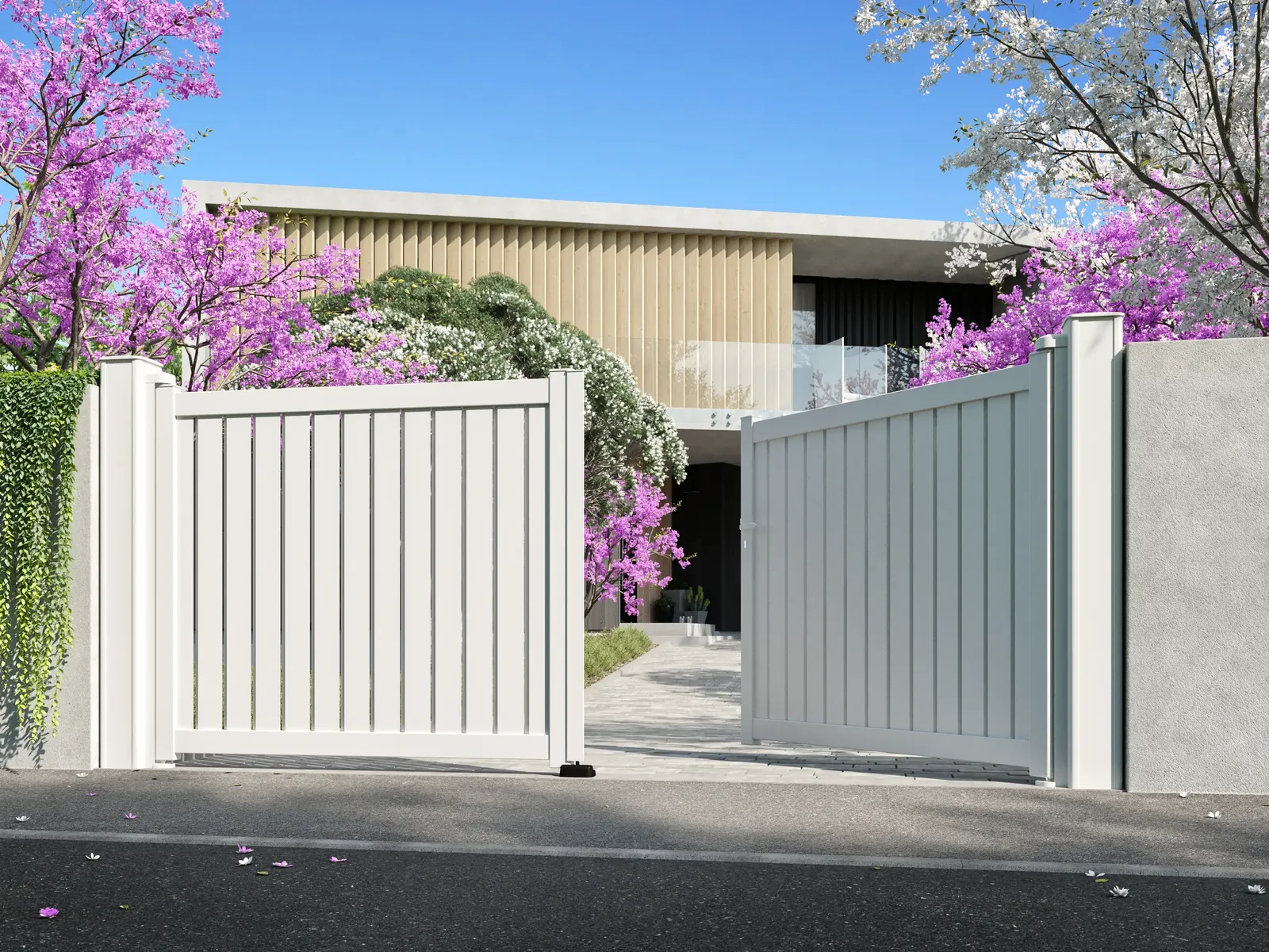 Portail battant persienné aluminium blanc à deux vantaux