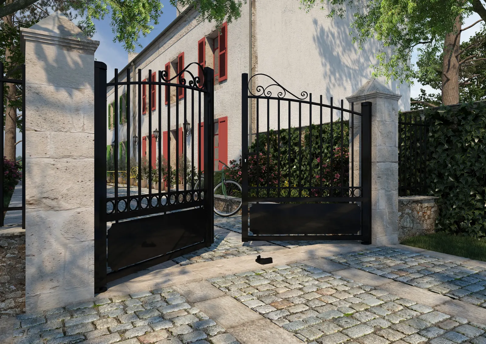 Portail battant style fer forgé aluminium noir avec volutes
