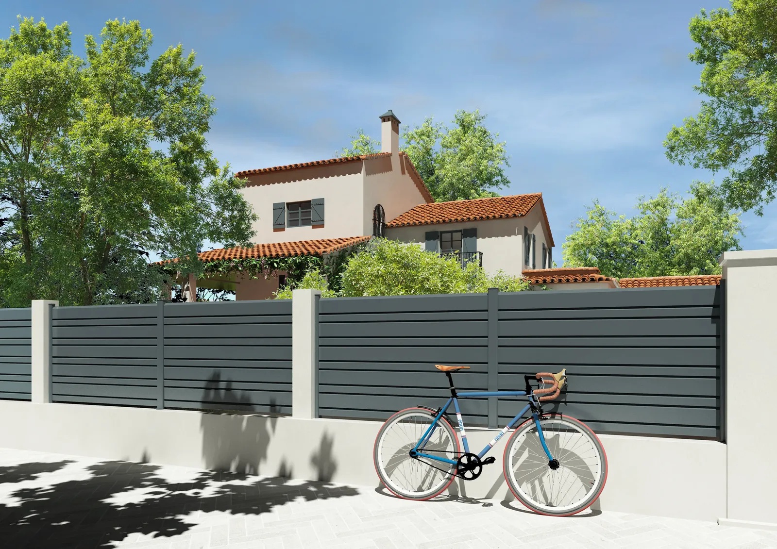 Portail coulissant persienné aluminium gris bleu devant une maison