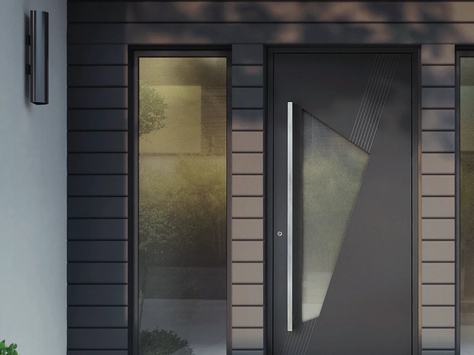 Porte d’entrée aluminium K-Line semi-vitrée avec fixe latéral sur bardage gris