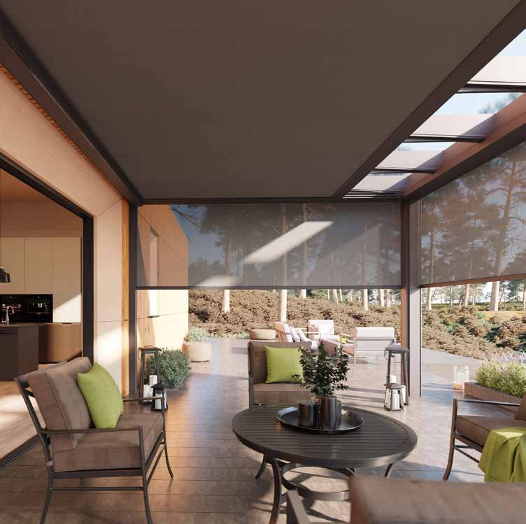 Store Brustor B129 sous un toit en verre, vue depuis le salon de jardin